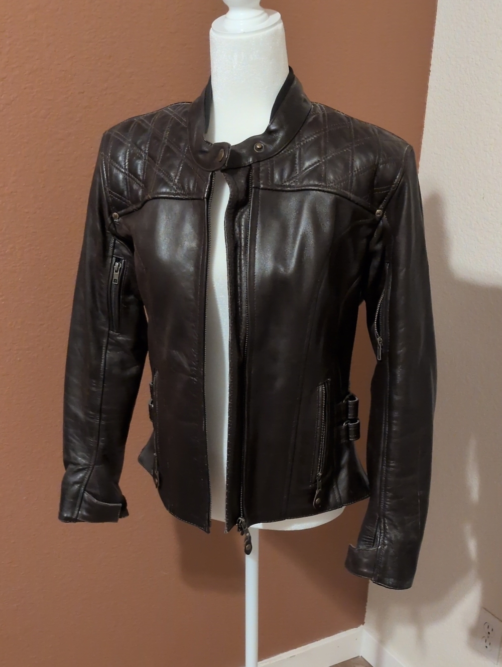 Armored Motorcycle Jacket-Women's Dark Brown Quilted Leather Jacket